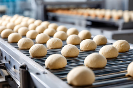 Soft, round dough portions glide along a sleek conveyor in a busy bakery, ready to be baked into...