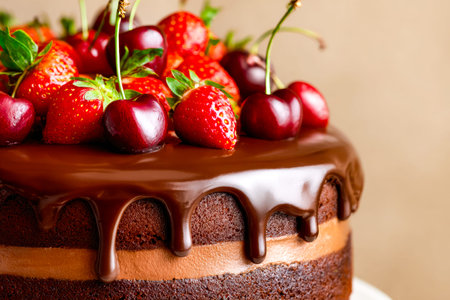 A luscious layered chocolate dessert adorned with vibrant ripe berries, exuding indulgence and...