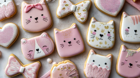 Delicately crafted pastel pink and white cookies, featuring adorable feline faces, charming hearts,...