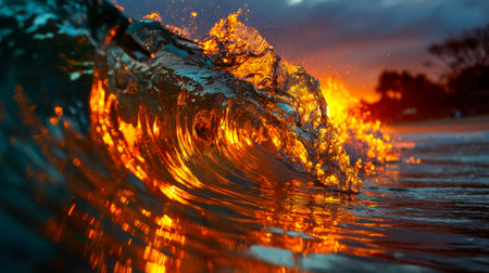 A breathtaking scene where the setting sun?s intense orange glow ignites the sky and dances upon...