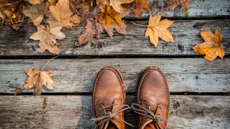 A rustic scene featuring vintage leather footwear resting on weathered planks, with golden leaves...