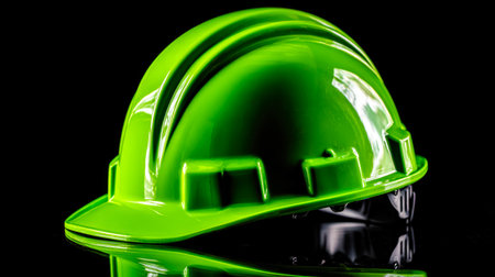 A vibrant lime-green helmet stands out sharply against a sleek, dark backdrop, symbolizing safety and readiness in modern industrial environments.の写真素材