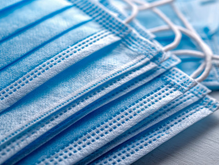 A detailed view of layered blue masks with elastic ear straps, highlighting their protective design,...