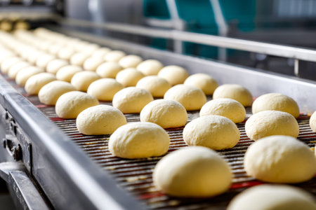 Soft, risen dough spheres glide smoothly along a conveyor, their golden surfaces hinting at tasty...