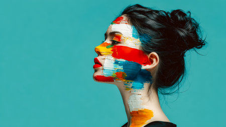 A woman with vibrant, swirling face paint creates a captivating contrast against a calming teal backdrop, evoking creativity and bold expression.の写真素材