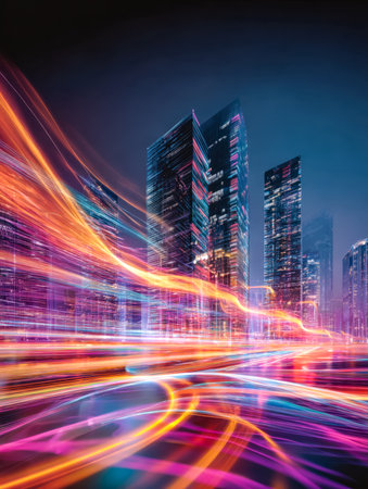 A lively urban scene illuminated by streaks of moving headlights and towering glass structures, capturing the energy and sleek design of a bustling metropolis after dark.の写真素材