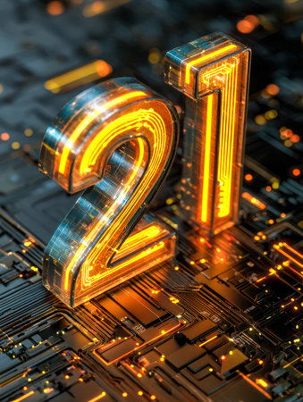 A luminous digital 21 pulses brightly against a dense array of intricate circuitry, evoking a...
