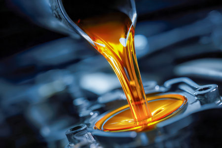 Vibrant amber liquid flows smoothly into a precision-engineered engine, capturing the dynamic movement and glossy sheen of premium motor lubrication.の写真素材