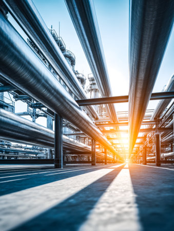 Dawn illuminates complex networks of metallic conduits and structural frameworks, capturing the essence of energy and industrial resilience in a bustling facility.の写真素材