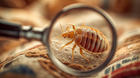 A magnified view reveals the intricate details of a bed bug?s body and limbs against a textured fabric background, illuminated by soft, warm light emphasizing its featureの写真素材