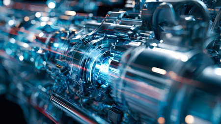 Complex robotic systems and glowing interfaces illuminate a high-tech manufacturing hub, evoking a scene of innovation and futuristic industrial mastery.の写真素材