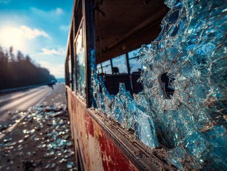 A shattered glass pane reveals a battered bus stranded next to a busy highway, conveying the aftermath of a collision with somber tones and stark details.の写真素材