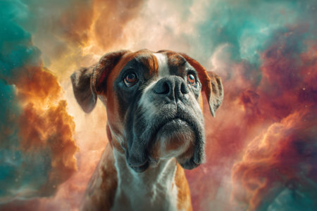 A noble canine gazes confidently, set against a stunning backdrop of swirling, multicolored galactic clouds that evoke wonder and infinite possibilities.の写真素材