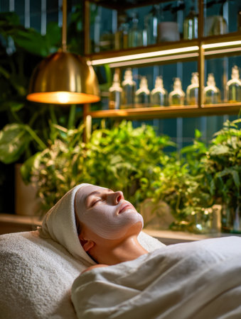 A serene woman enjoys a tranquil facial session amid vibrant greenery and soft lighting, exuding calm and rejuvenation in a luxurious spa setting.の写真素材