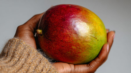 A warm-hearted moment capturing someone cradling a lush, colorful mango, their hands wrapped in a...