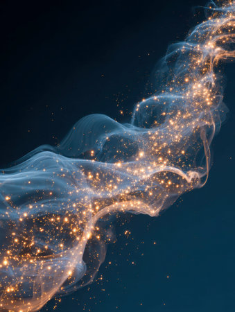 A captivating dance of vivid blue vapors and radiant gold specks weaves through darkness, evoking a sense of wonder and enchantment in a mystical setting.の写真素材