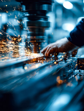 Bright sparks illuminate a bustling workshop as metallic components are expertly shaped, capturing...
