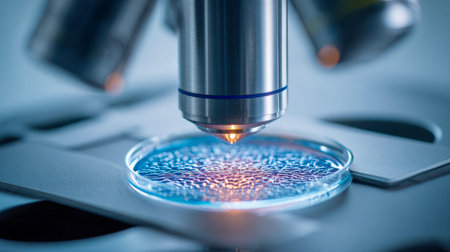 A detailed close-up captures a sophisticated microscope focusing on a vibrant blue, textured...