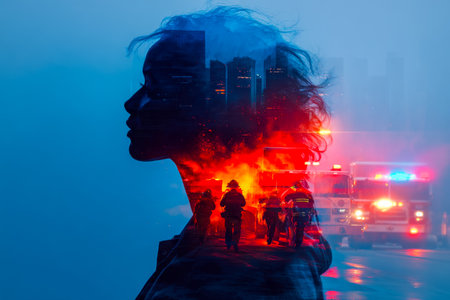 City lights clash with rescue vehicles casting urgent beams amid fiery chaos, capturing tense nighttime efforts to control urban flames.のeditorial素材