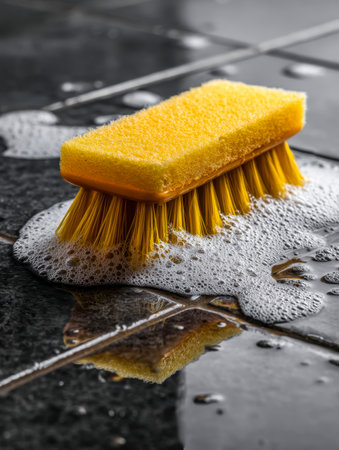 A detailed view of a yellow-handled scrub tool in action, revealing soapy foam and glistening water on sleek black tiles, capturing a moment of thorough cleaning.の写真素材
