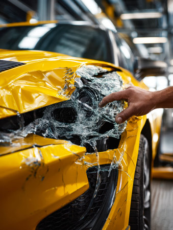 A mechanic examines a vibrant yellow sports vehicle with visible windshield cracks, surrounded by workshop tools and equipment, highlighting repair work and assessment.の写真素材