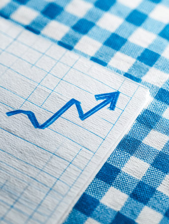 A detailed sketch of a rising performance line plotted on graph paper, set against a vibrant blue checked backdrop, conveying growth and progress themes.の写真素材