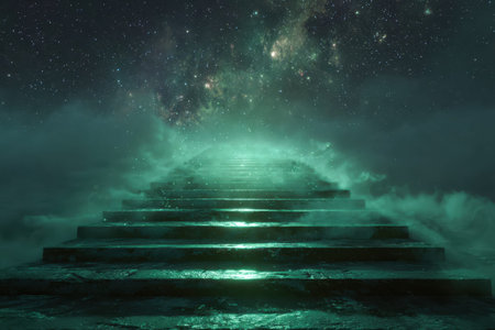 A shimmering spiral staircase ascends into a glowing, dreamlike cosmos filled with twinkling stars...