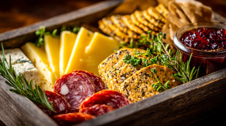 An elegant spread featuring artisanal cheeses, cured meats, crisp crackers, and berry preserves,...