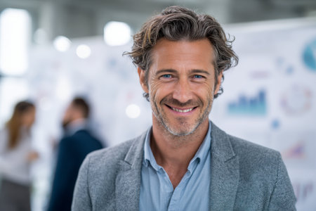 A poised man with a friendly expression stands in a sleek, contemporary workspace, exuding approachability and assurance perfect for business or corporate themes.のeditorial素材