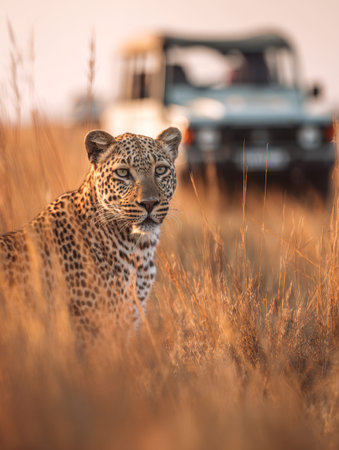 A regal leopard rests amid sunlit amber grasses, its piercing gaze highlighting nature's elegance as...