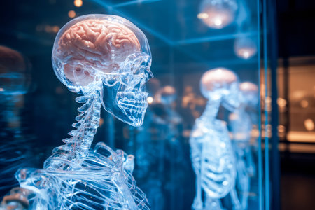 Glowing glass-like human skeletons with detailed brain display create a futuristic educational scene...