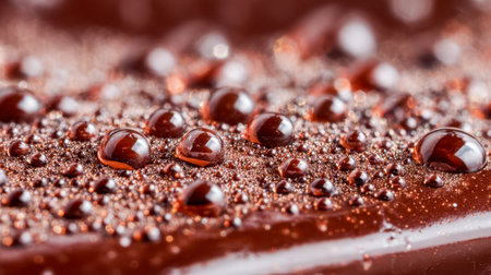 A luscious swirl of glossy chocolate adorned with sparkling sugar crystals and tiny water droplets, evoking indulgence and decadent sweetness.