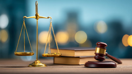A balanced set of golden scales, a wooden gavel, and law books rest on a table, conveying authority...