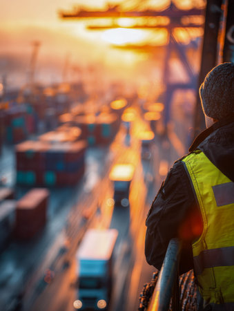 A vigilant laborer gazes across the bustling harbor as vibrant hues of sunset illuminated towering...