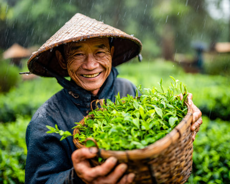 A cheerful elderly cultivator in wet weather cradles a woven basket brimming with vibrant tea foliage, embodying tradition and freshness amid raindropのeditorial素材