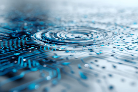 Fluid ripples traverse a vibrant blue matrix, emphasizing movement and interconnectedness in a sleek...