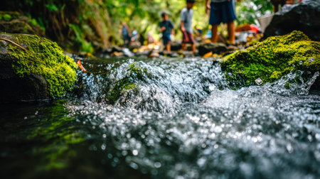 Tranquil woodland creek flows gently past lush green stones, with distant adventurers exploring...