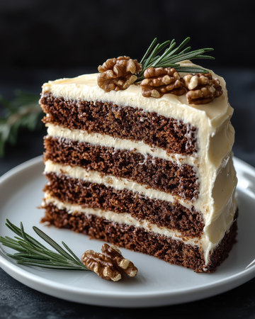 A decadent chocolate layer cake topped with velvety cream, sprinkled with crunchy walnuts and fresh...