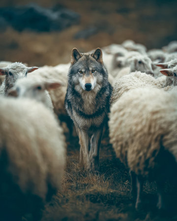 A lone predator hidden amidst gentle pasture, creating a tense scene of nature?s silent struggle in...