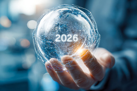 A sleek, luminous globe displaying digital maps and glowing circuits, cradled in a hand to symbolize...