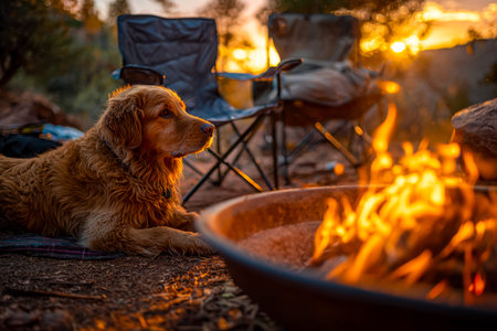 A serene scene featuring a peaceful dog lying beside a glowing campfire, basking in the warm glow of...