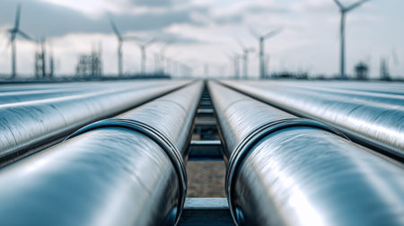 An expansive network of sleek pipelines traverses a scenic wind farm, set against a partly cloudy...