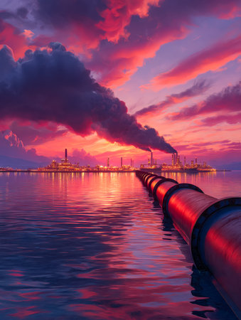 A sprawling industrial complex silhouettes against a fiery sunset, smoke billows into the sky while tranquil waters reflect the warm, vivid hues of dusk.のeditorial素材