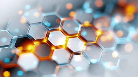A sleek, high-tech surface featuring interconnected hexagonal patterns illuminated by vibrant orange...