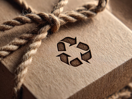 A sustainable package wrapped in textured recycled paper, secured with natural jute twine, highlighting eco-conscious design and green packaging practices.の写真素材