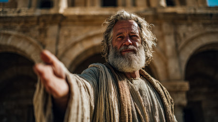 A wise senior with a flowing beard extends his hand amid the weathered stones of a historic ruin, evoking a sense of curiosity and timeless reverence.のeditorial素材