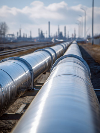Gleaming metallic conduits stretch in unison along a busy transport route, with factory outlines...