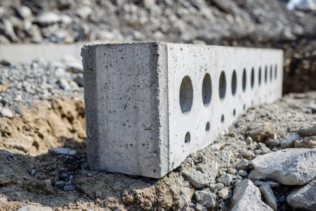 Textured gray concrete with precise round openings, set against a busy construction environment,...
