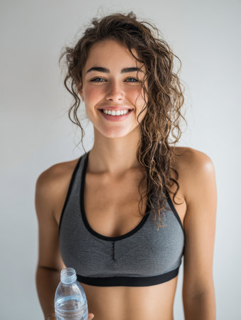 A cheerful young woman with lively curls in a sporty top, gripping a reusable bottle and radiating positivity, set against a simple indoor backdrop.のeditorial素材