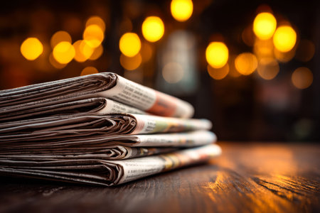 A cozy scene featuring layered newspapers on a rustic wooden surface, illuminated by soft, golden...